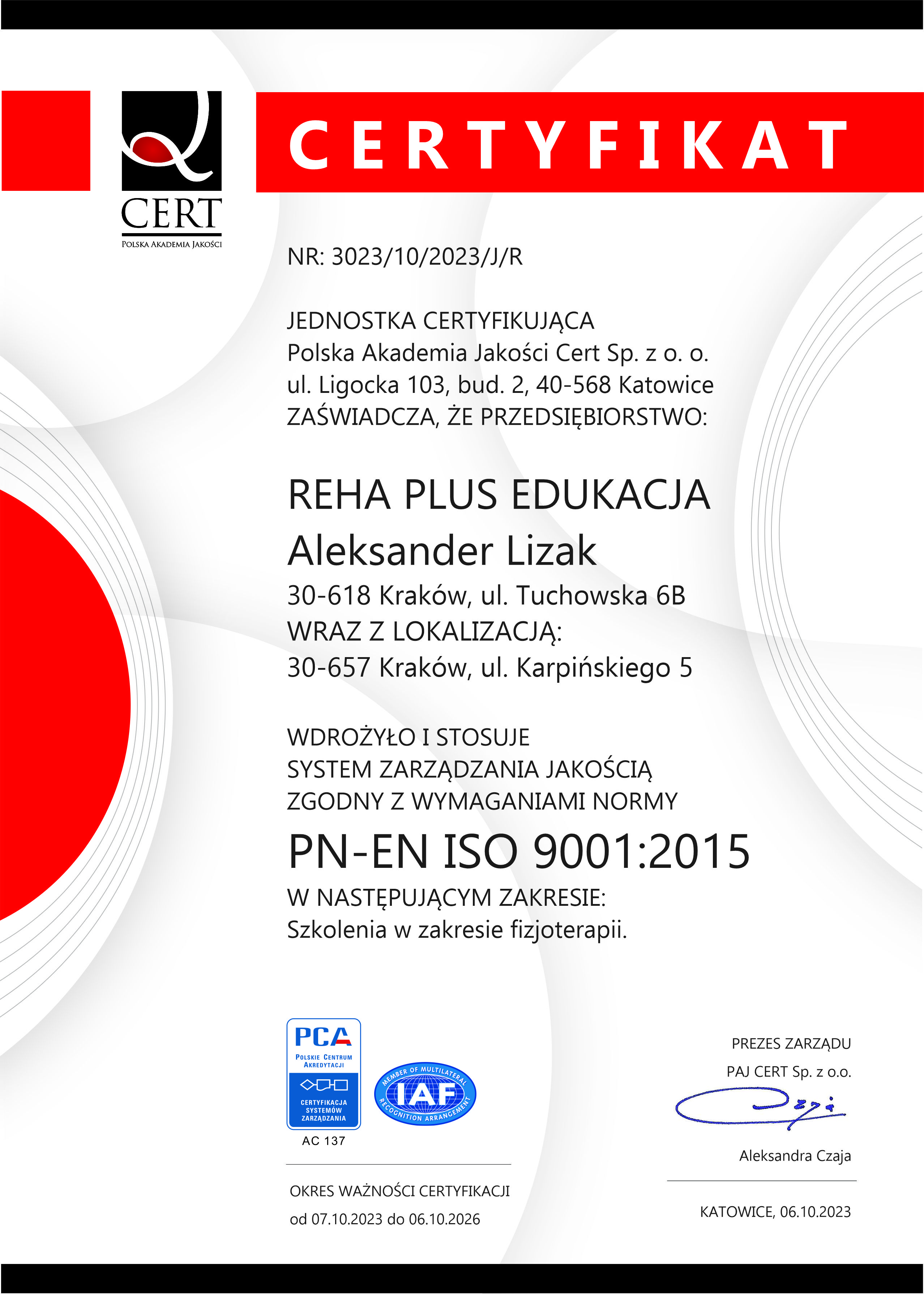 Certyfiakt ISO dla Reha Plus