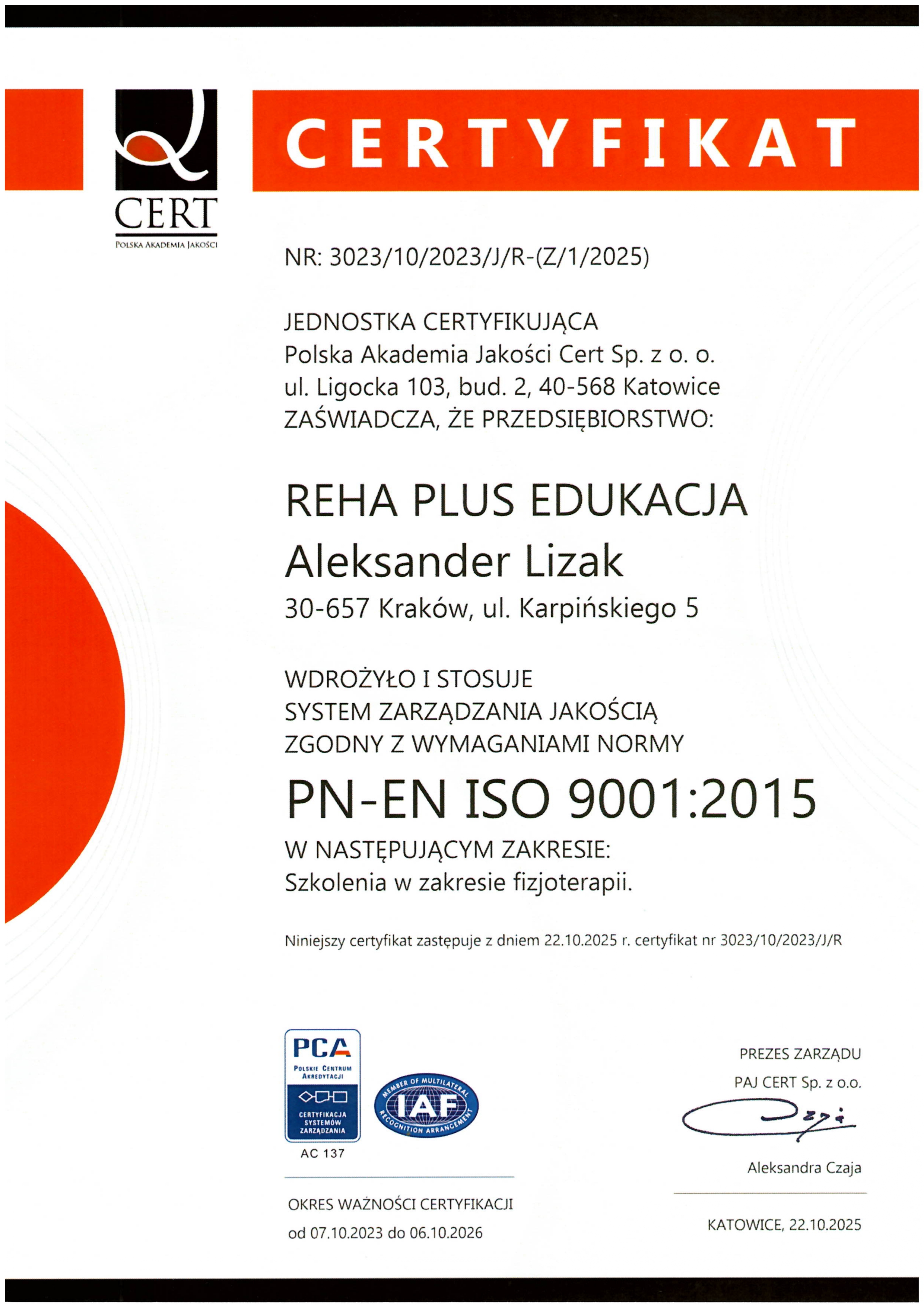 Certyfiakt ISO dla Reha Plus